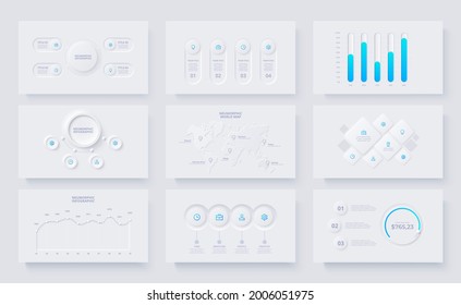 Nueve diapositivas con elementos de infografía neumórfica. Círculos, anillos, mapas y gráficos info plantillas de diseño gráfico. Conjunto de conceptos de infografía.