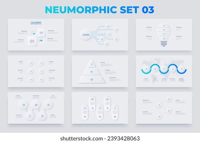 Nueve diapositivas con elementos de infografía neumórfica. Líneas de tiempo, pirámide, bombilla y diagramas de ciclo. Conjunto de conceptos de Infograph con 4, 5, 6 y 7 opciones