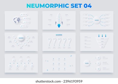 Nine slides with neumorphism infographics elements. Timelines, funnel, rocket, earth and cycle diagrams. Set of diagrams with 4, 5, 6, 7 and 8 options