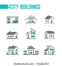 Nueve Pequeños edificios de la ciudad conjunto de iconos - Ilustración vectorial sobre fondo blanco. Casas de planta baja con bonitas fachadas, balcones. Varias Formas de techos y ventanas. Color gris y azul
