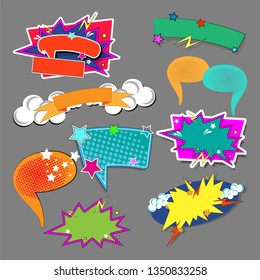 Nine small pop art compositions for inserting various exclamations and single words. Vector set