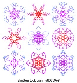Nine snowflake designs comprised of heart shapes