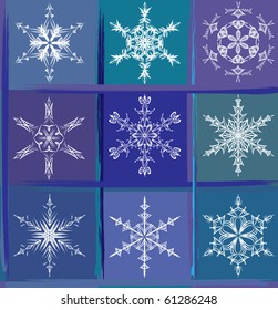 Nueve copos de nieve. Patrón, papel pintado o textil inoxidables. Vector.