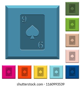 Nine of spades card engraved icons on edged square buttons in various trendy colors