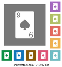 Nine of spades card flat icons on simple color square backgrounds