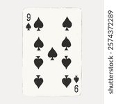 Nine of spades card with vintage design. Spades card features nine spades. Classic nine of spades card for games and collections. Vintage poker cards illustration isolated on white background, vector.