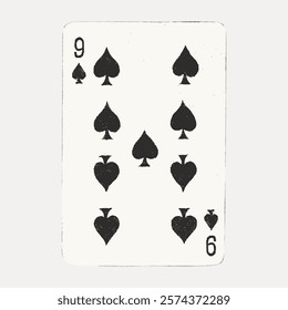 Nine of spades card with vintage design. Spades card features nine spades. Classic nine of spades card for games and collections. Vintage poker cards illustration isolated on white background, vector.