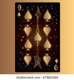 Nine of spades. Playing card with original design on the theme of space.