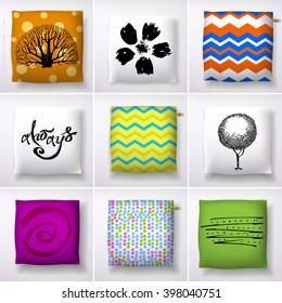 Nine square cushions collection. Pillow cover design. Hand drawn print design. 