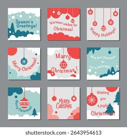 Nueve cuadrados, ilustraciones de Navidades planas y Plantillas de tarjeta. Estética moderna, limpia y minimalista con una paleta consistente: rojo, azul claro, azul oscuro y blanco.