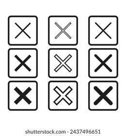 Nine square icons each featuring a variation of a cross mark. Vector illustration. EPS 10.