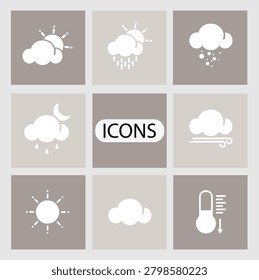 Nine square icons showing various weather conditions including sun clouds rain snow wind and thermometer