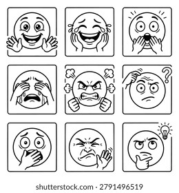 Nine square panels each containing a black and white cartoon face showing a different emotion like happiness anger sadness and confusion