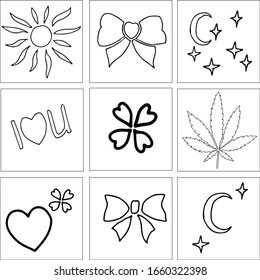 nine square stencils with drawings of sun, bow, una, star, heart, for the design of baking, cakes and coffee.