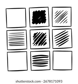 Nove quadrados com diferentes padrões e texturas desenhados à mão