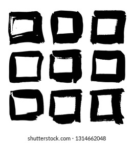 Nine squares painted by hand in black thick paint isolated on white background
