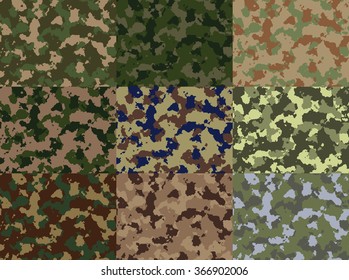 Nine standalone pictures. Seamless Camouflage pattern vector. Huge set, easy to edit one by one.