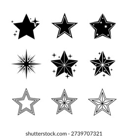 Nine star icons in various styles and designs, arranged in three rows on a white background.