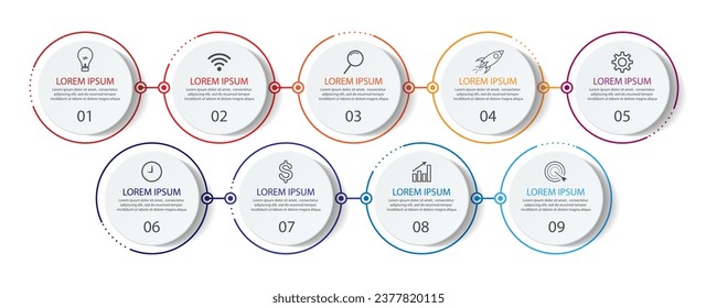 diseño infográfico de nueve pasos, diseño sencillo, líneas, colores, iconos, 9 piezas, adecuado para su presentación de negocios