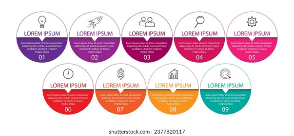 nine step infographic design, simple design, lines, colors, icons, 9 parts, suitable for your business presentation