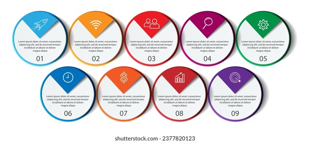 nine step infographic design, simple design, lines, colors, icons, 9 parts, suitable for your business presentation
