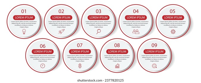 nine step infographic design, simple design, lines, colors, icons, 9 parts, suitable for your business presentation