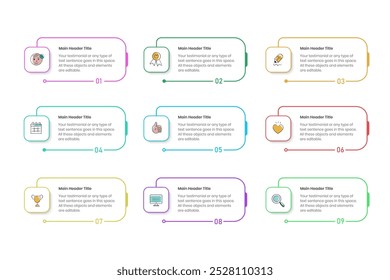 nine step Infographics Design Template, Chart diagram, Graph, Pie chart, workflow layout, squire diagram, report, presentation design elements Editable Vector illustration, Process diagram with icons