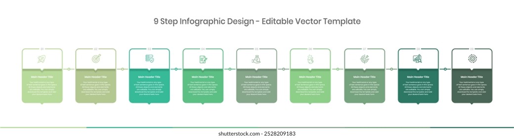 Neun Schritte Infografik Entwurfsvorlage, Diagrammdiagramm, Grafik, Workflow-Layout, Squire-Diagramm, Bericht, Präsentationsdesign-Elemente Bearbeitbare Vektorgrafik, Prozessdiagramm auf weißem Hintergrund