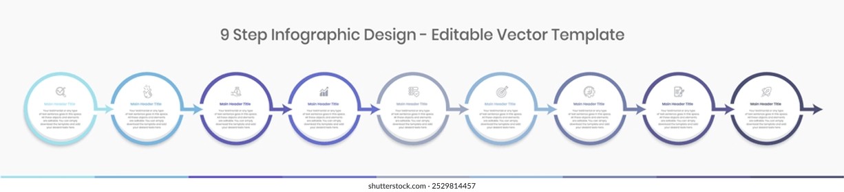 Plantilla de diseño de infografías de nueve pasos, diagrama de gráfico, gráfico, gráfico circular, diseño de flujo de trabajo, diagrama circular, informe, Elementos de diseño de presentación editables, diagrama de proceso en fondo blanco