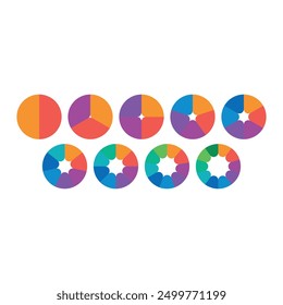 nine step pie slices. round pie charts. 2 steps-10 steps pie slices