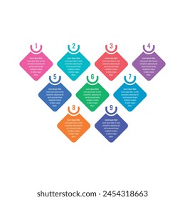 nine steps information template. Infographic for magazine, annual report, education, business, science. infographic template of colorful squares on white background