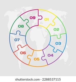 Nine steps puzzle diagram infographic. Business, idea, flow concept. Template silhouette for 9 options, parts, processes. Jigsaw timeline info graphic. Can be used for process, presentation