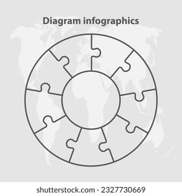 Nine steps puzzle diagram infographic. Business, idea, flow concept. Template silhouette circle for 9 options, parts, processes. Jigsaw timeline info graphic. Can be used for process, presentation