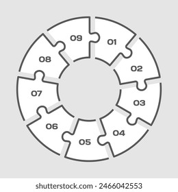 Infografía de diagrama de puzzle de nueve pasos. Negocio, idea, concepto de flujo. Silueta de Plantilla para 9 opciones, piezas, procesos. Gráfico de información de línea de tiempo de Jigsaw. Puede ser utilizado para el proceso, presentación