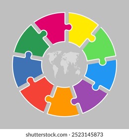 Infográfico de diagrama de quebra-cabeça de nove etapas. Negócios, ideia, conceito de fluxo. Silhueta de modelo para 9 opções, peças, processos. Gráfico de informações da linha do tempo do quebra- cabeça. Pode ser usado para processo, apresentação