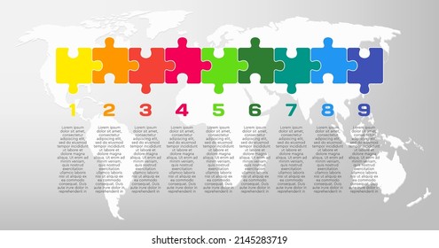 Nine steps puzzle line infographic. Business, idea, flow concept. Template for 9 options, parts, processes. Jigsaw info graphic. Can be used for process, presentation, layout, banner, graph