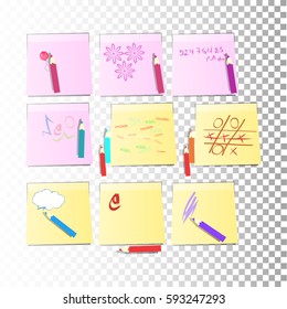 nine stickers Office paper sheet and yellow or pink sticky label with shadow isolated on a transparent background. Vector for your design.