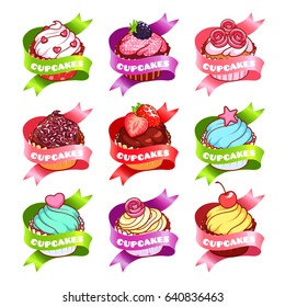 Nine stickers with ribbon and different cupcakes. Vector illustration isolated on a white background.