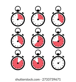 Nine stopwatches displaying varied time intervals in a minimalist grid layout