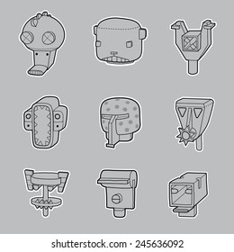 Nine strange heads of anonymous terrible spirits in vector lines.