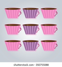 Nine striped cups isolated. Cup set. Hot coffee cups. Vector illustration, EPS 10.