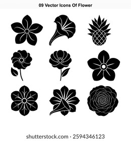 Nine Stylish Black Flower Vector Icons Set Graphic Design