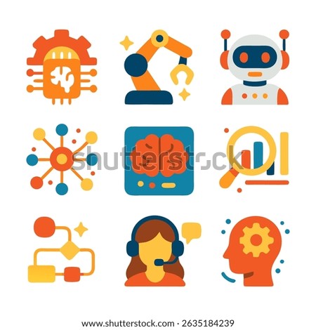 Nine stylized AI technology icons arranged colorful and flat