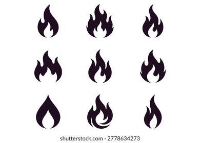 Nine stylized black flame icons on clean white background perfect for energy branding design with dynamic typography style and bold minimalist composition