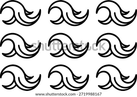 Nine stylized black wave in a 3x3 grid water ocean