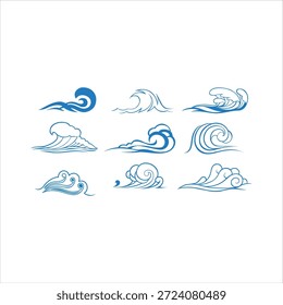 Nine stylized blue wave illustrations in various styles on a white background, showcasing different ocean wave designs.