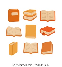 Nine stylized book icons in warm tones, perfect for educational, literary, or library themes. This vector illustration is ideal for digital and print projects focused on reading and knowledge.