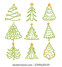 Nueve ilustraciones estilizadas del árbol de navidad que dibujan diversas Formas. Esquemas. Y Elementos decorativos con colores verdes y naranjas. Perfecto para Anuncios de temporada de vacaciones. Tarjetas. Y fondos festivos
