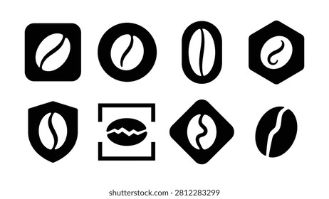 Nine stylized coffee bean illustrations inside distinct geometric shapes on transparent background