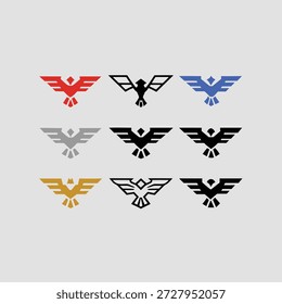 Nueve águila estilizada en varios colores sobre un fondo gris claro pájaro negro